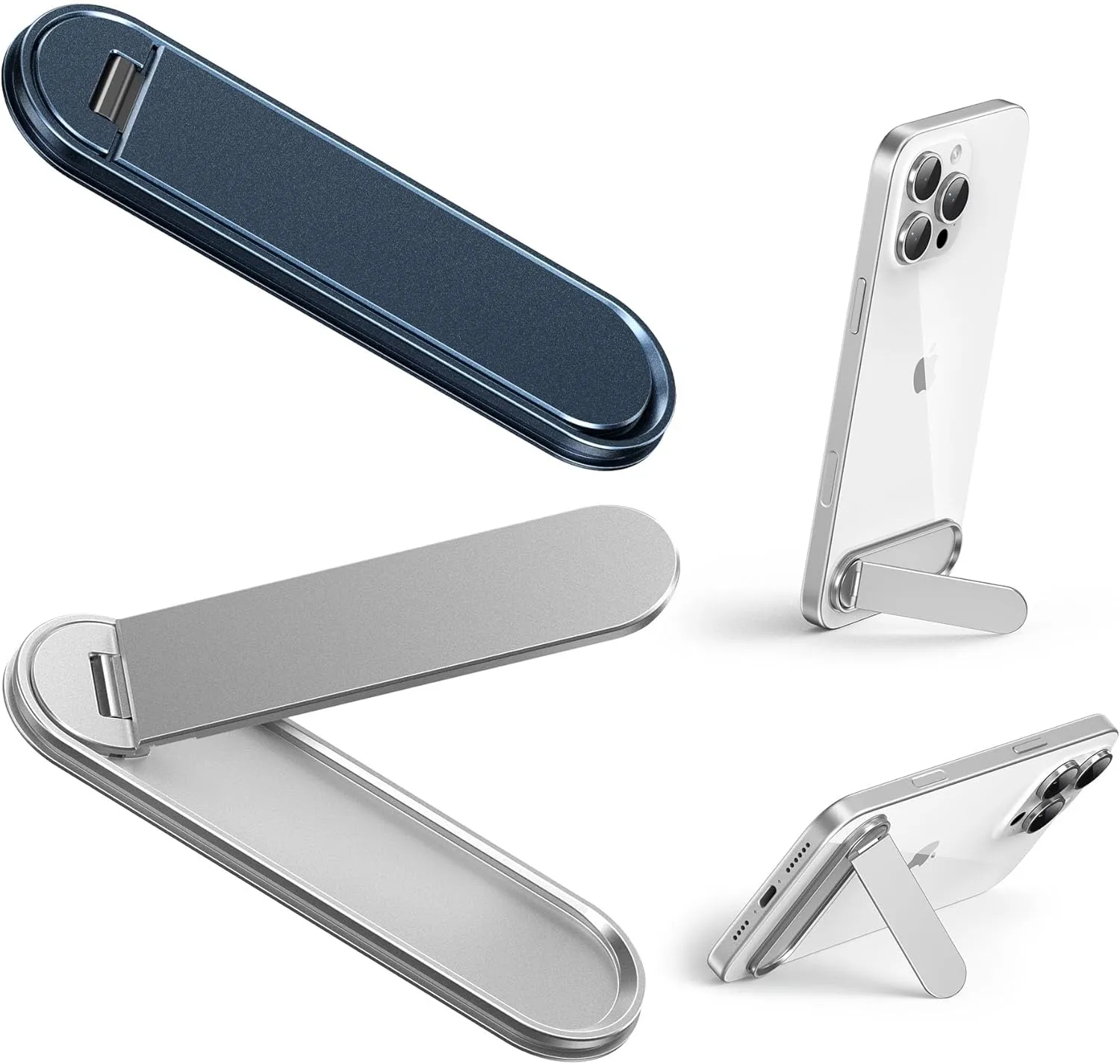 2 Pack Phone Kickstand, Horizontal and 2 Angle Adjustable Vertical Phone Stand, Folding Phone Holder Stand Compatible with iPhone, Samsung and All Cellphones, Silver & Blue
