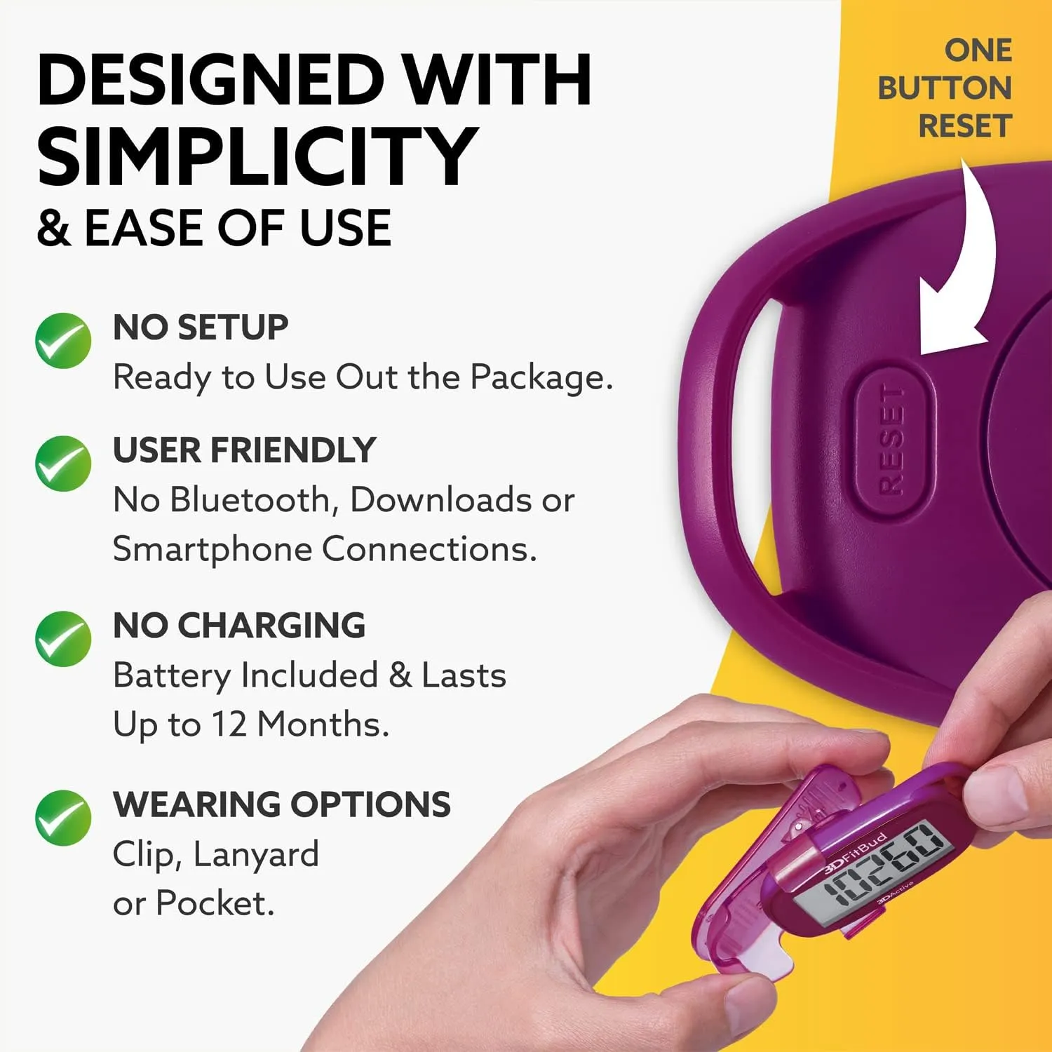 3DFitBud Simple Step Counter Walking 3D Pedometer from 3DActive with Clip & Lanyard - A420S