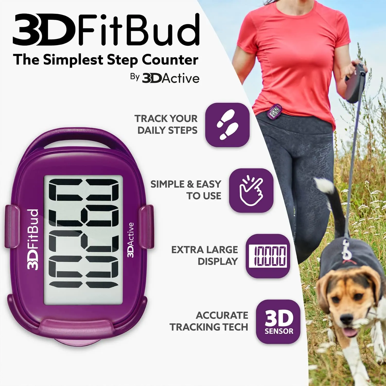 3DFitBud Simple Step Counter Walking 3D Pedometer from 3DActive with Clip & Lanyard - A420S