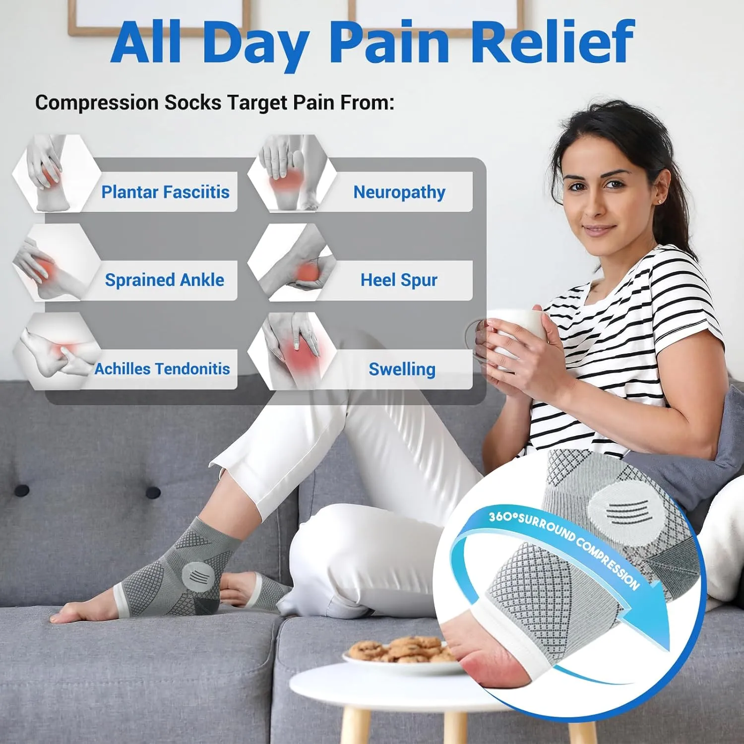 6Pairs Neuropathy Socks for Women and Men, Toeless Compression Socks, Soothe Relief Compression Socks, Compression Socks for Plantar Fasciitis, Achilles Tendonitis Relief, Arch Support (Large)