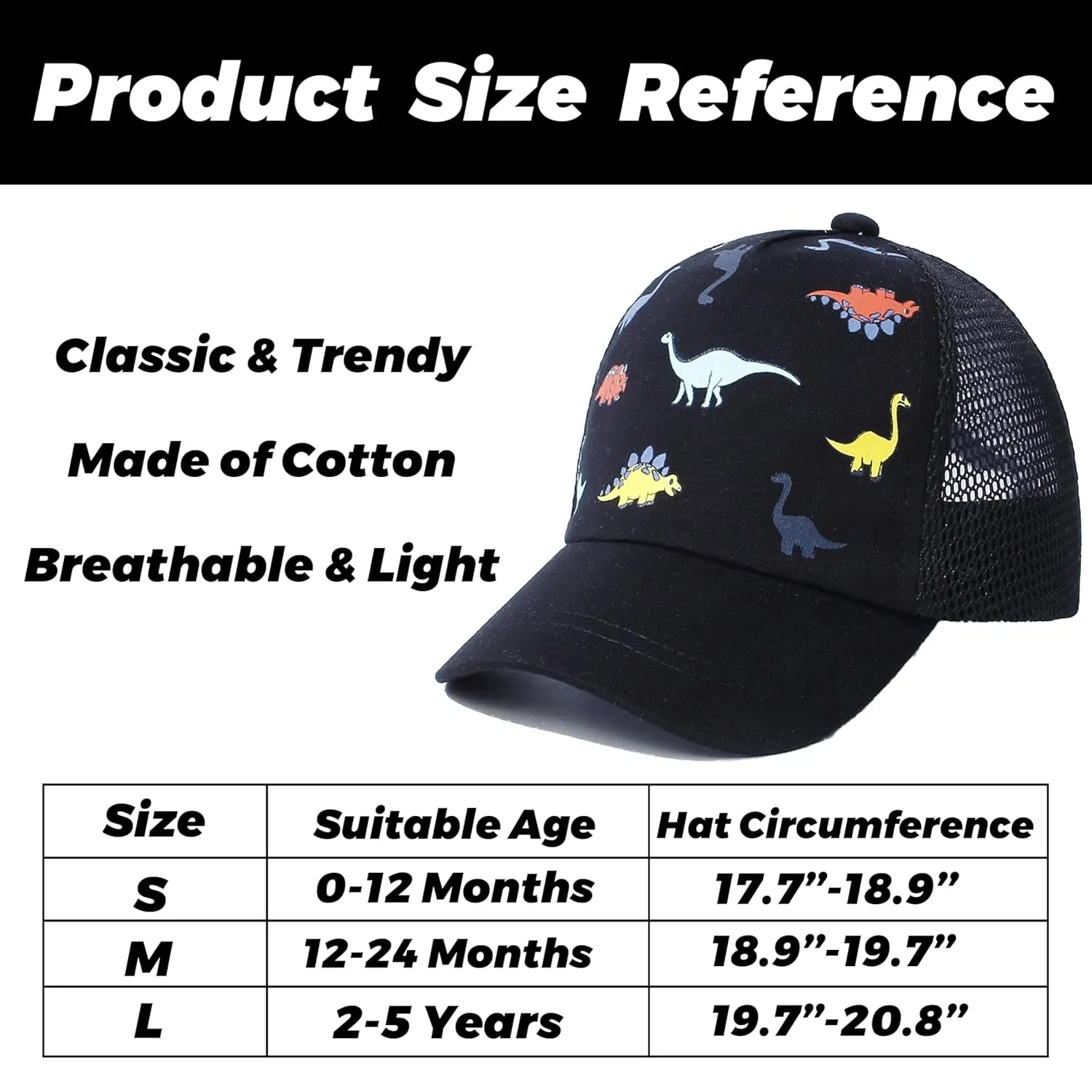 Baby Baseball Cap with Mesh Toddler Baseball Hat Infant Baseball Cap Baby Sun Summer Hat for Kids Black Dino 2-5T