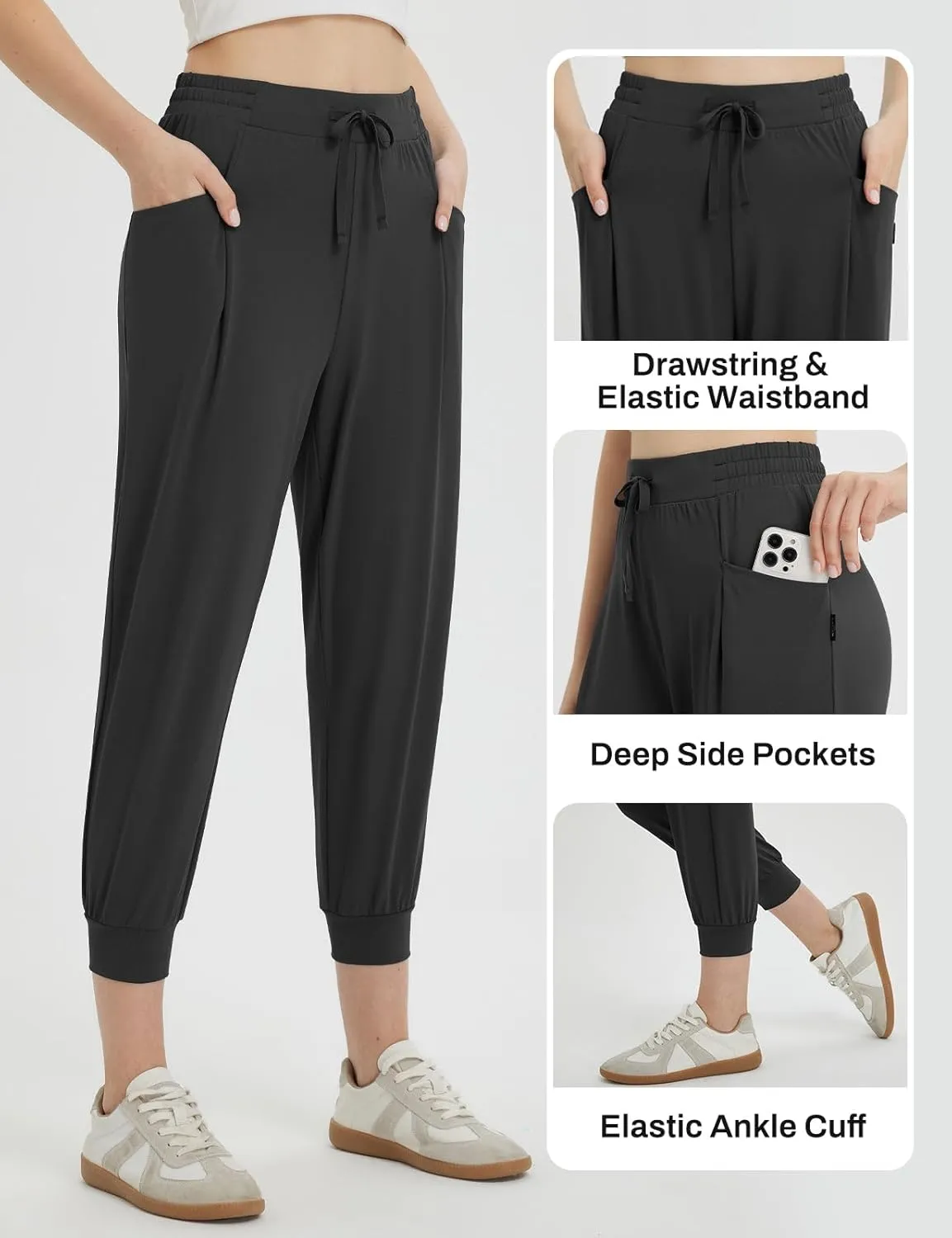 baleaf Women's Petite Joggers Capri Sweatpants Drawstring Track Pants Travel Lounge Cropped Pants with Pockets