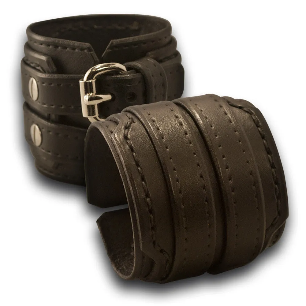 Black Layered Double Strap Leather Cuff Wristband with Buckles