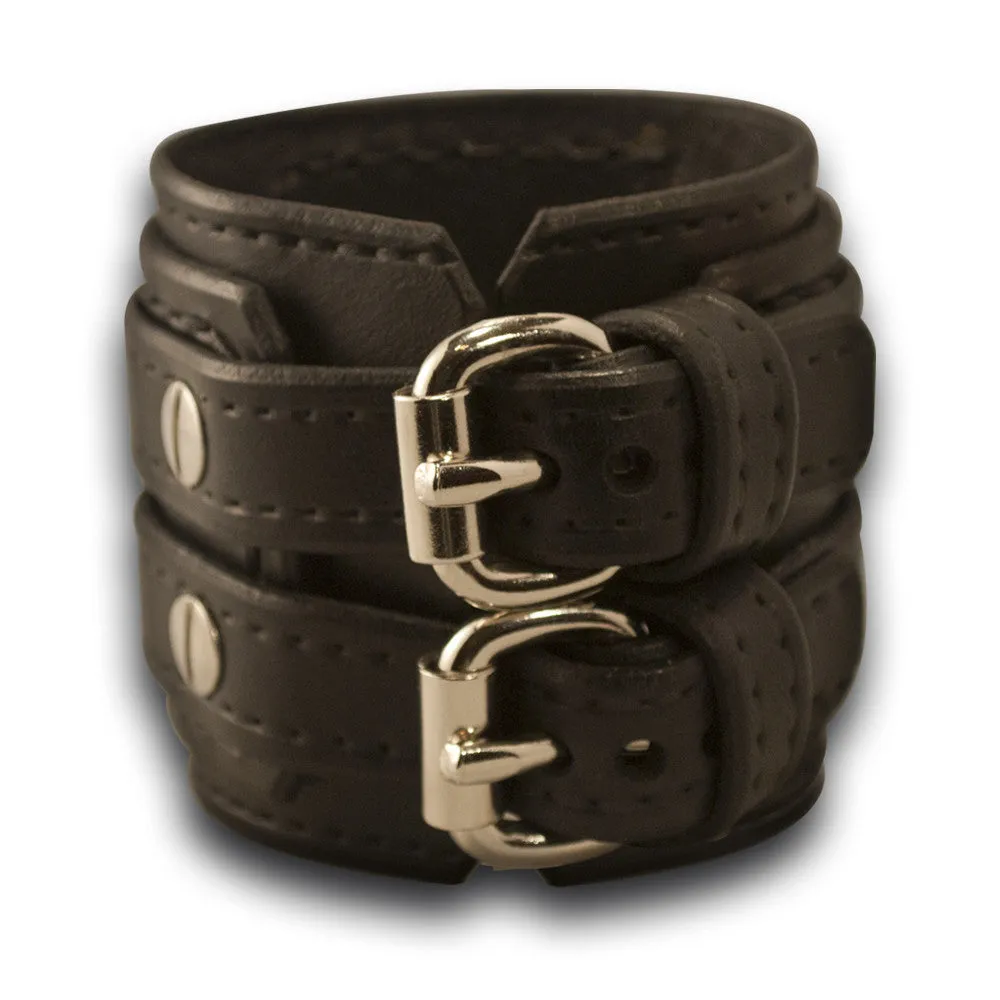 Black Layered Double Strap Leather Cuff Wristband with Buckles