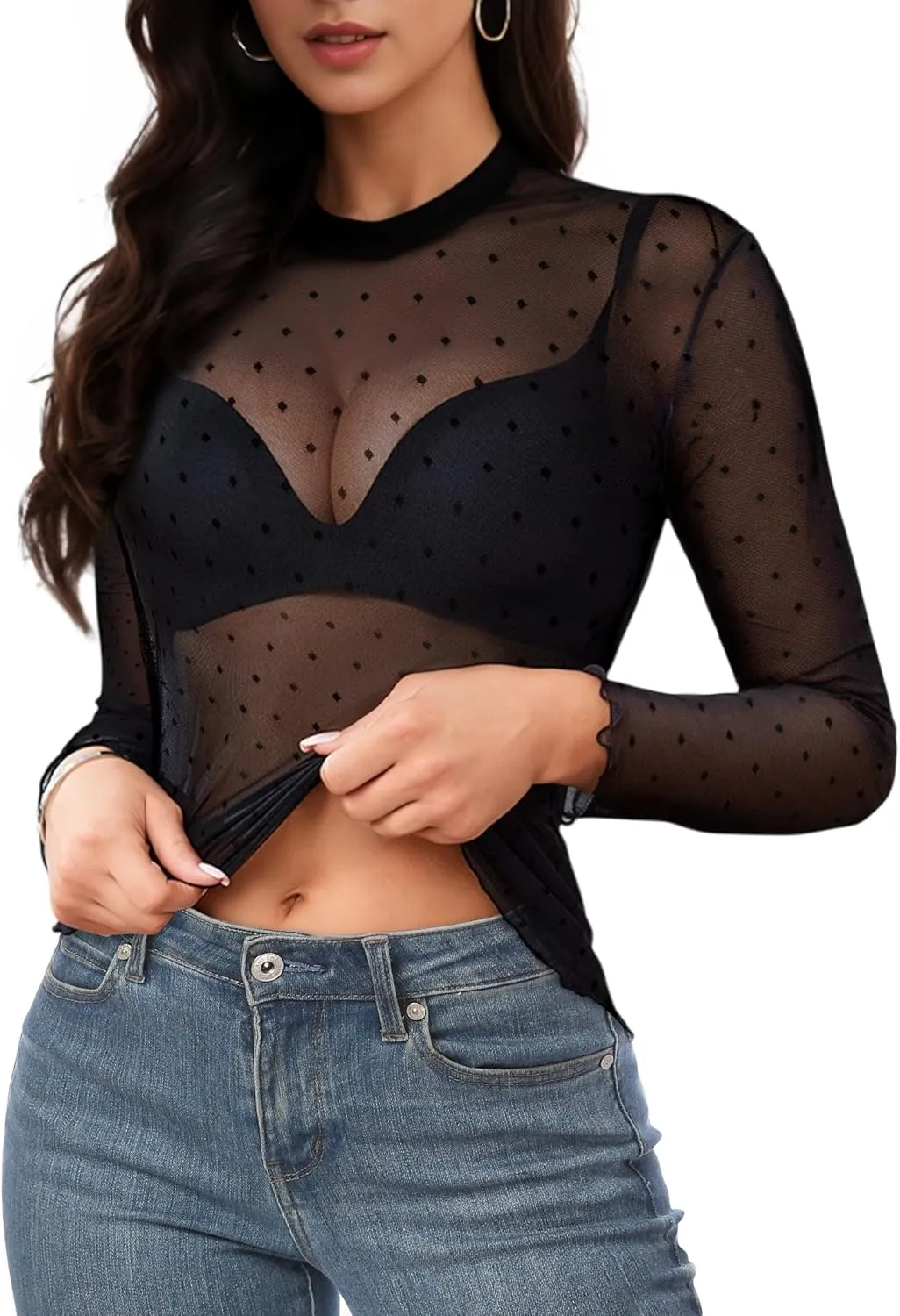 Buauty Mesh Long Sleeve Top for Women, Lace Sheer Tops See Through Mock Neck Floral Embroidery Sheer Blouce Fishnet Shirt