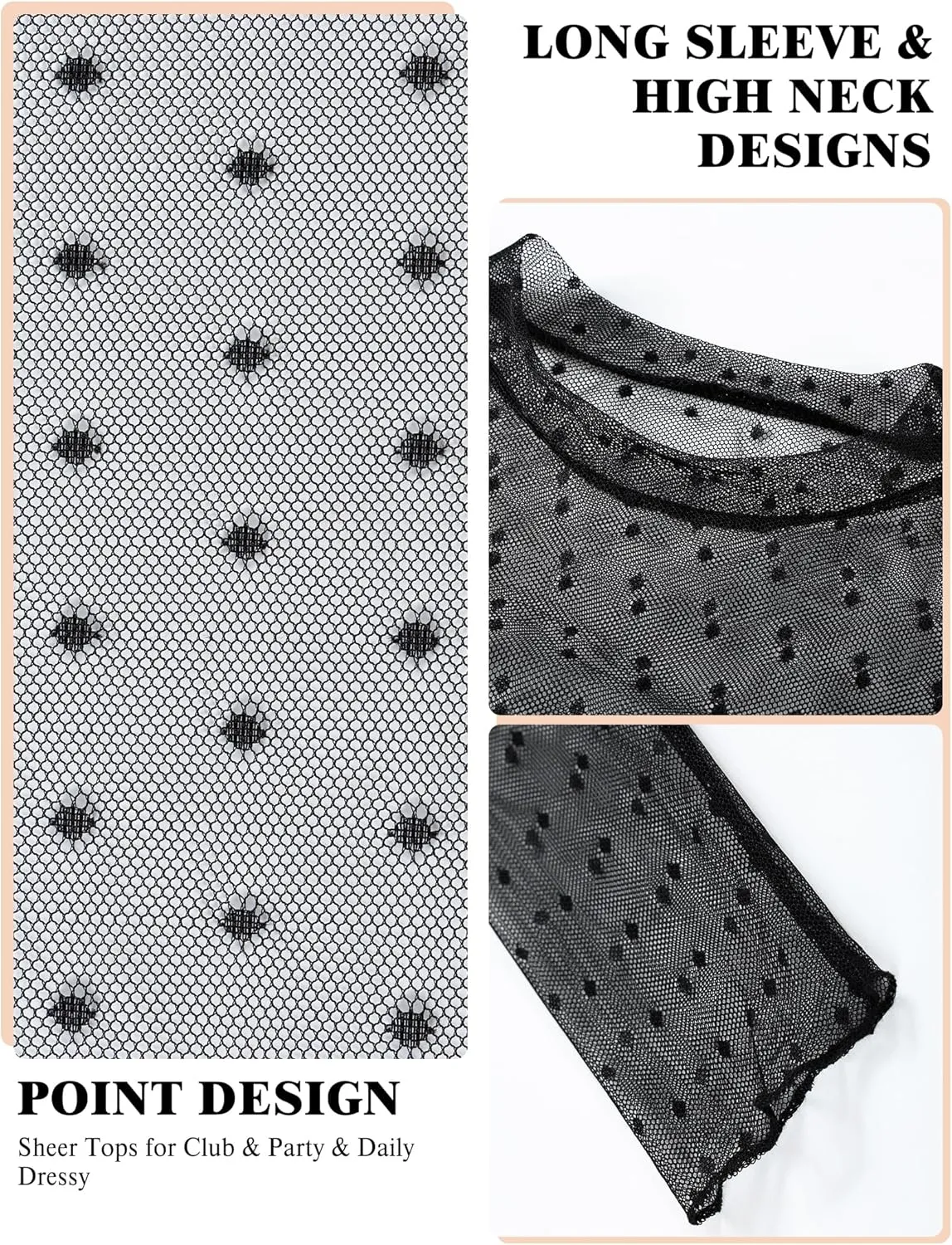 Buauty Mesh Long Sleeve Top for Women, Lace Sheer Tops See Through Mock Neck Floral Embroidery Sheer Blouce Fishnet Shirt