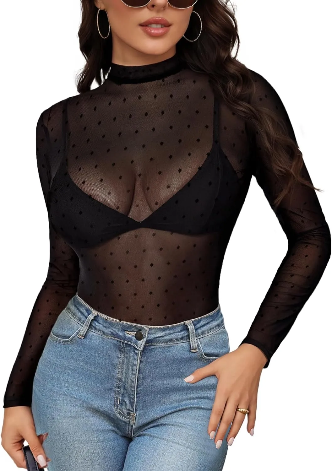 Buauty Mesh Long Sleeve Top for Women, Lace Sheer Tops See Through Mock Neck Floral Embroidery Sheer Blouce Fishnet Shirt