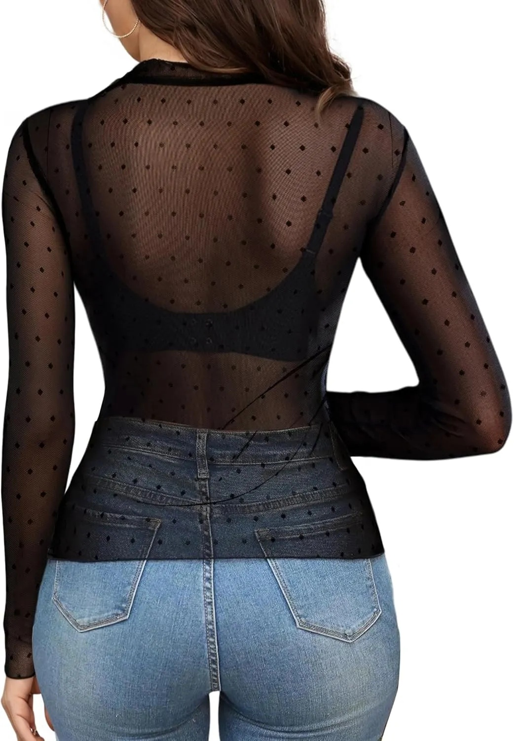 Buauty Mesh Long Sleeve Top for Women, Lace Sheer Tops See Through Mock Neck Floral Embroidery Sheer Blouce Fishnet Shirt