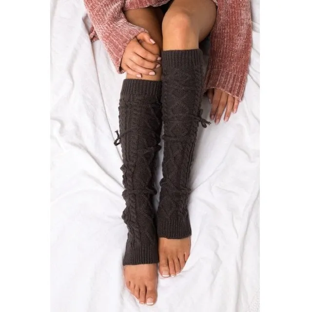Cable Knit Long Tie Leg Warmers