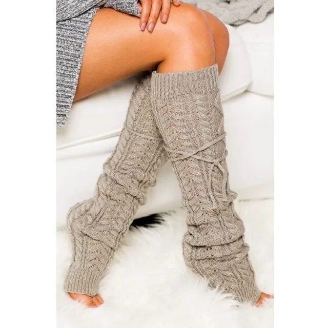 Cable Knit Long Tie Leg Warmers