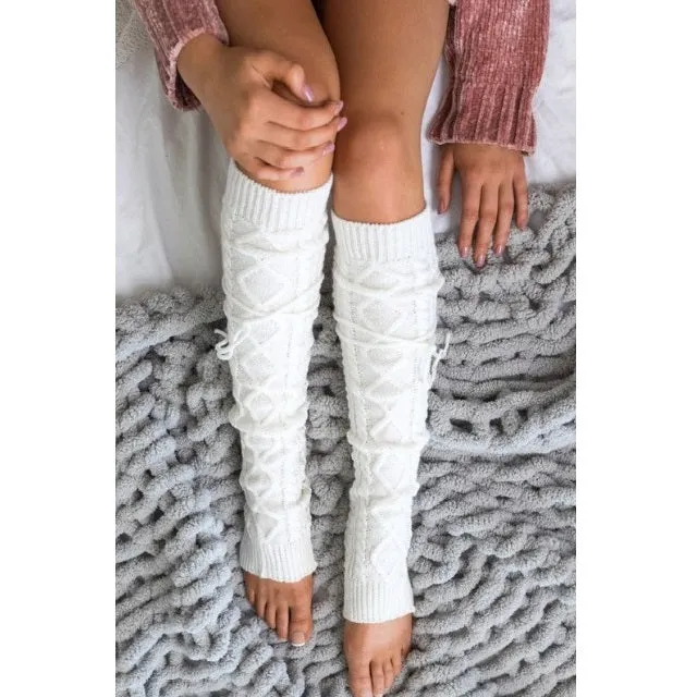 Cable Knit Long Tie Leg Warmers
