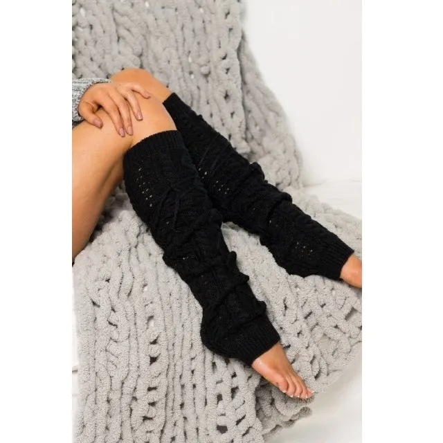 Cable Knit Long Tie Leg Warmers