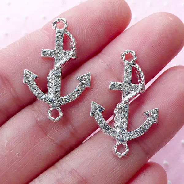 CLEARANCE Silver Anchor Link Charm w/ Clear Rhinestones (2pcs / 17mm x 26mm) Nautical Pendant Bling Jewellery Yacht Boat Ship Charm Bracelet CHM1857