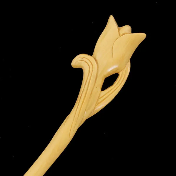 CrystalMood Handmade Carved Wood Hair Stick Tulip
