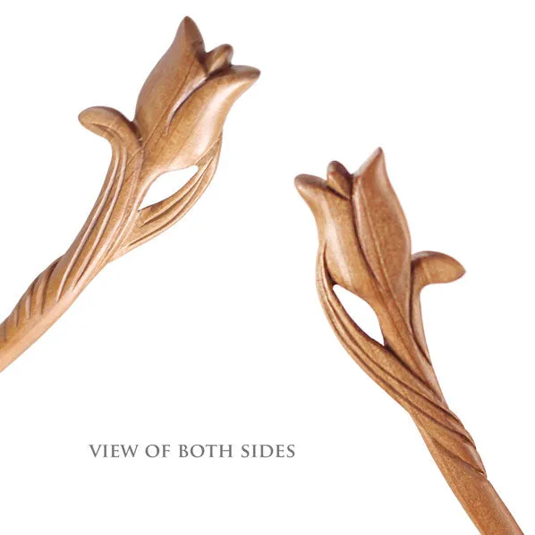 CrystalMood Handmade Carved Wood Hair Stick Tulip