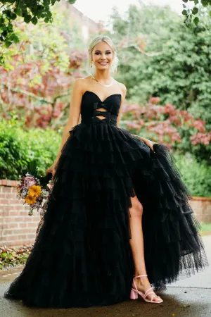 Cute Ball Gown Black Sweetheart Tiered Tulle Long Prom Dresses with Bows VK0731152