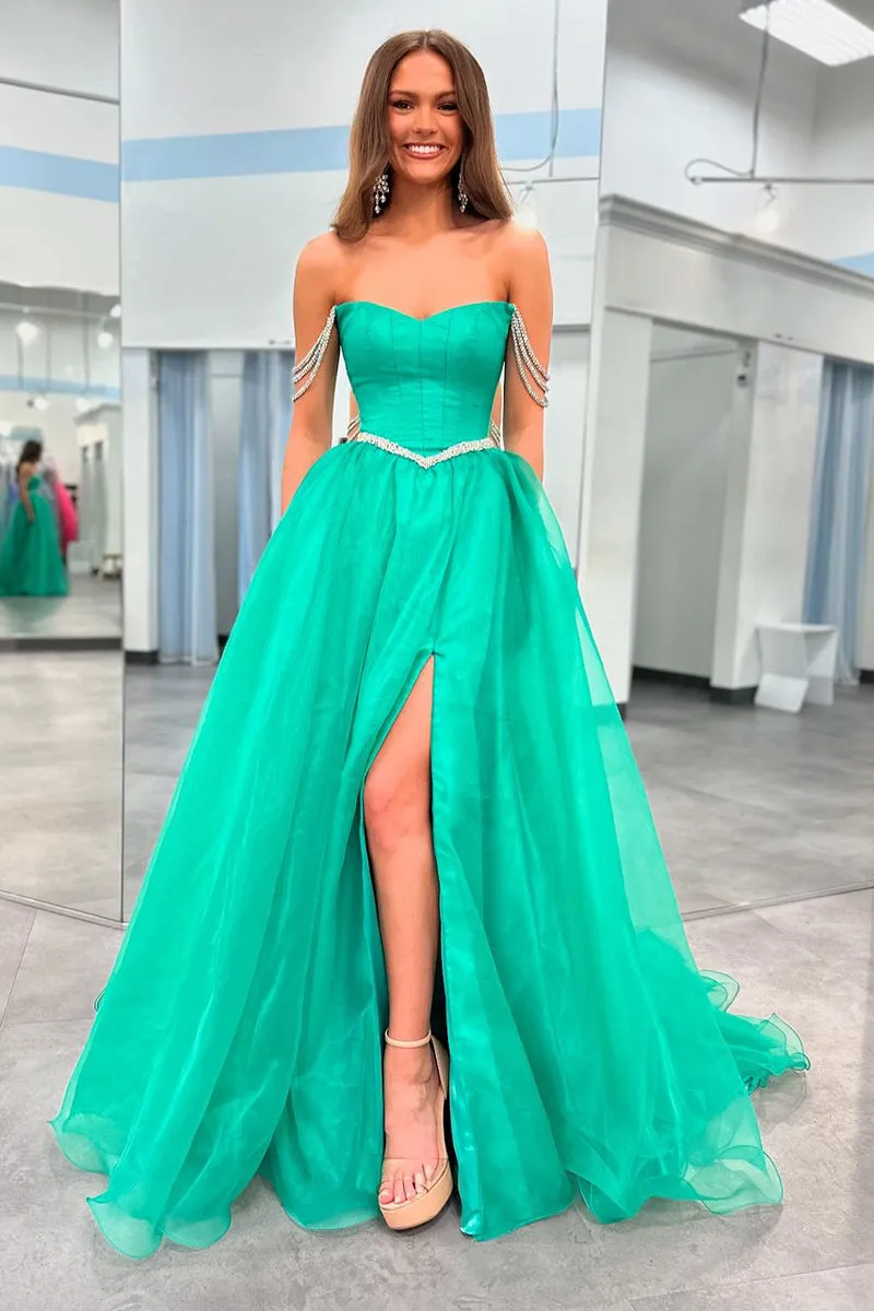 Cute Ball Gown Strapless Green Tulle Beaded Long Prom Dresses with Slit VK240731139