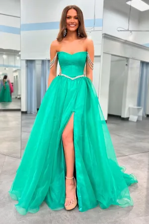 Cute Ball Gown Strapless Green Tulle Beaded Long Prom Dresses with Slit VK240731139