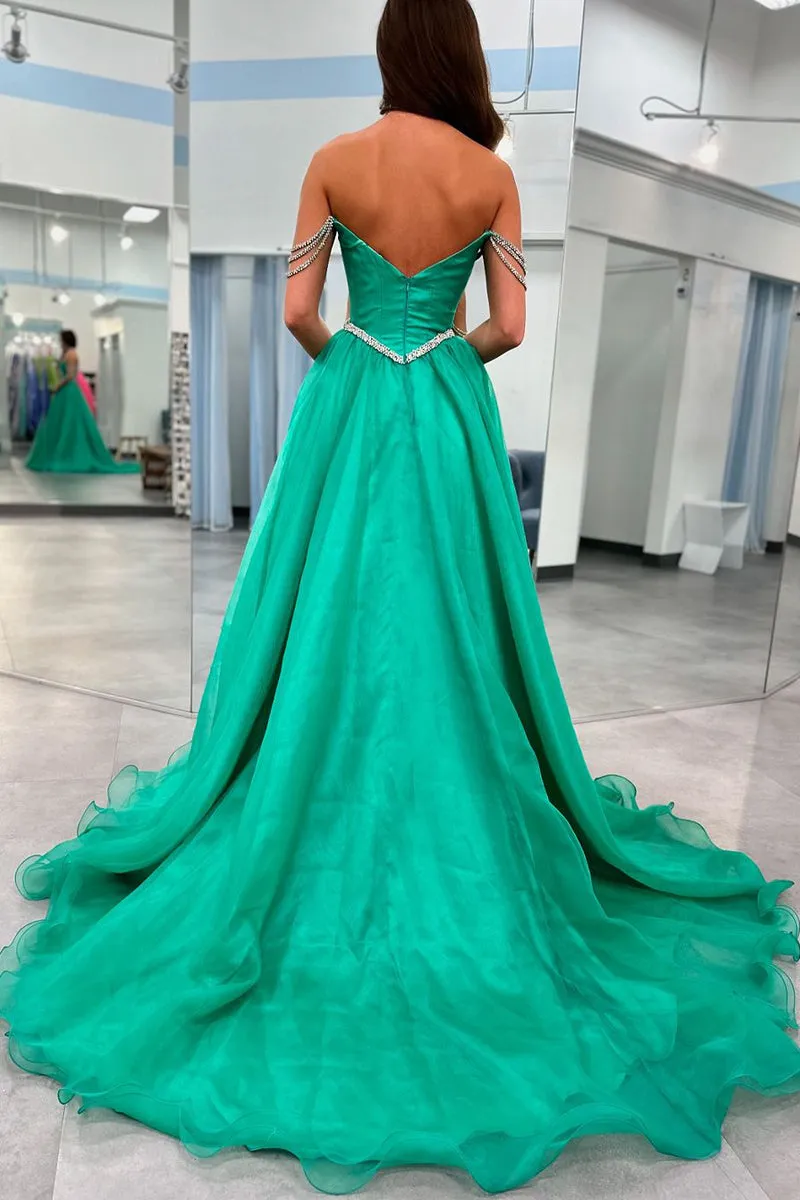 Cute Ball Gown Strapless Green Tulle Beaded Long Prom Dresses with Slit VK240731139