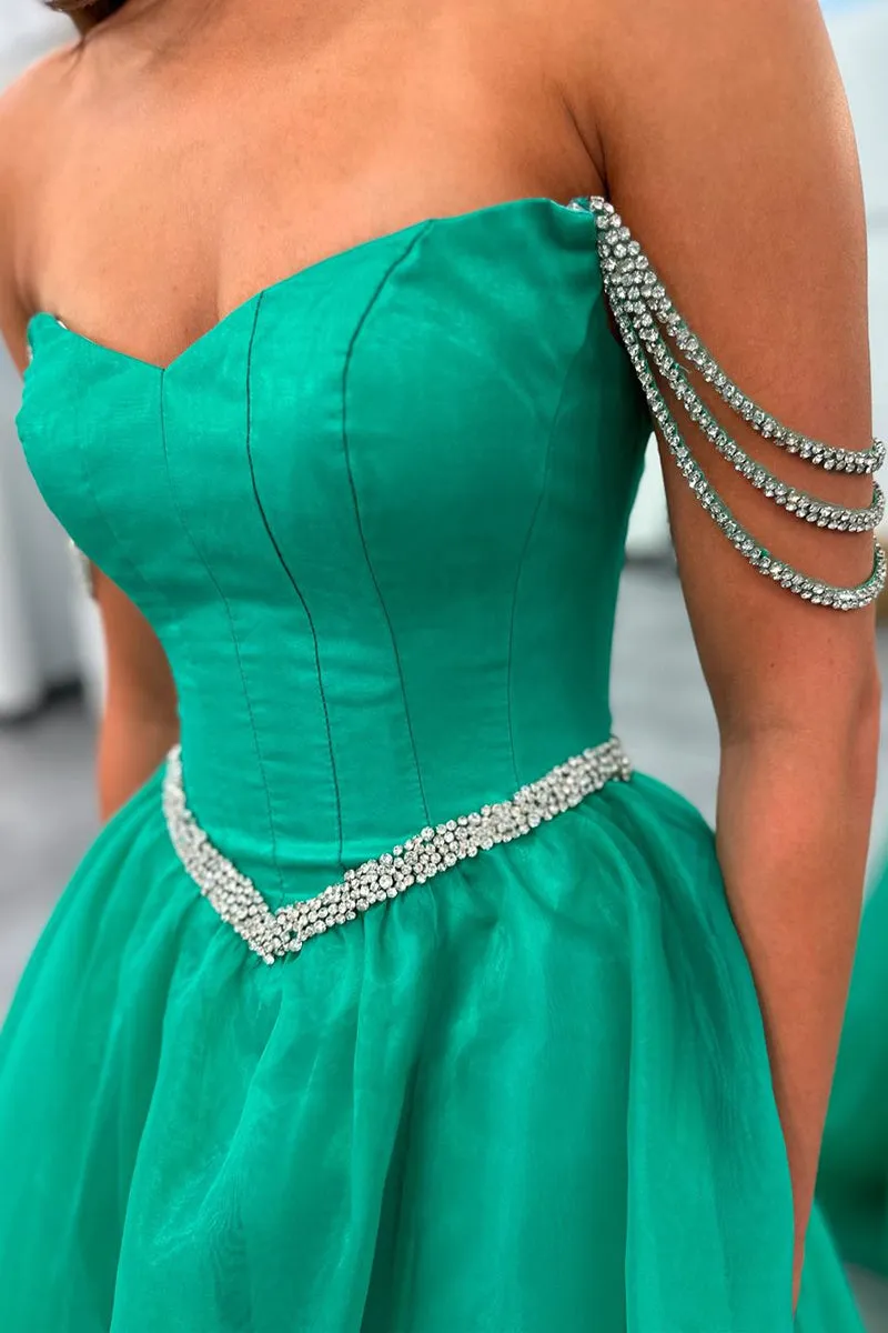 Cute Ball Gown Strapless Green Tulle Beaded Long Prom Dresses with Slit VK240731139