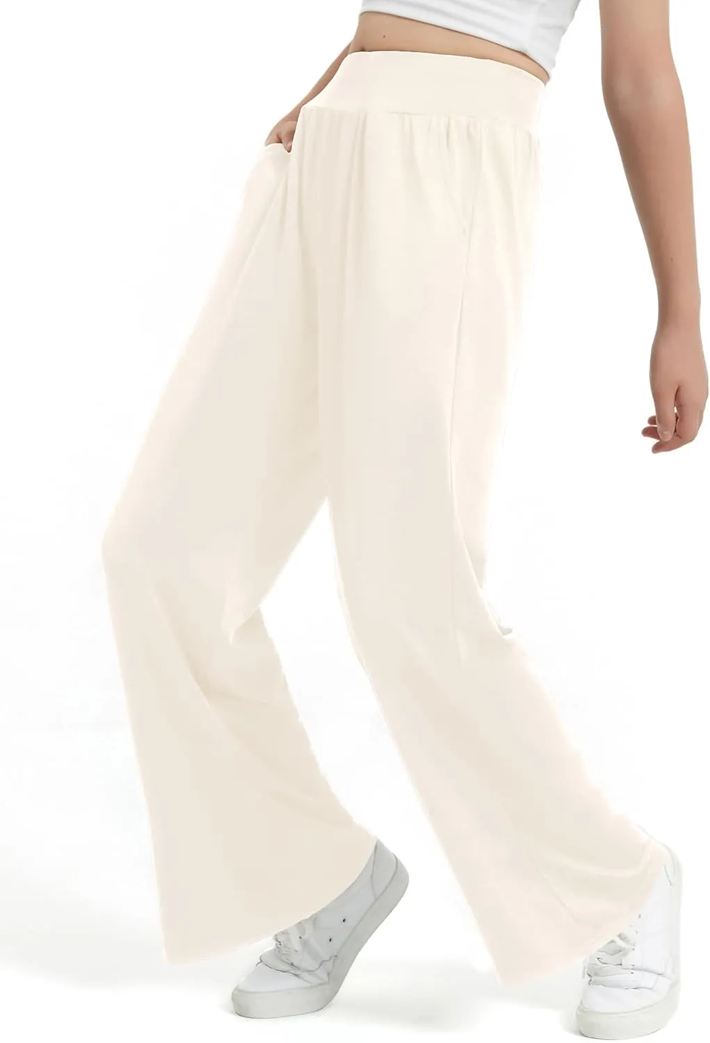 EXARUS 3 Pack Girls Lightweight Baggy Pants Straight/Tapered Wide Leg Pants Elastic Waist Flowy Pants with Pockets 6-14Y