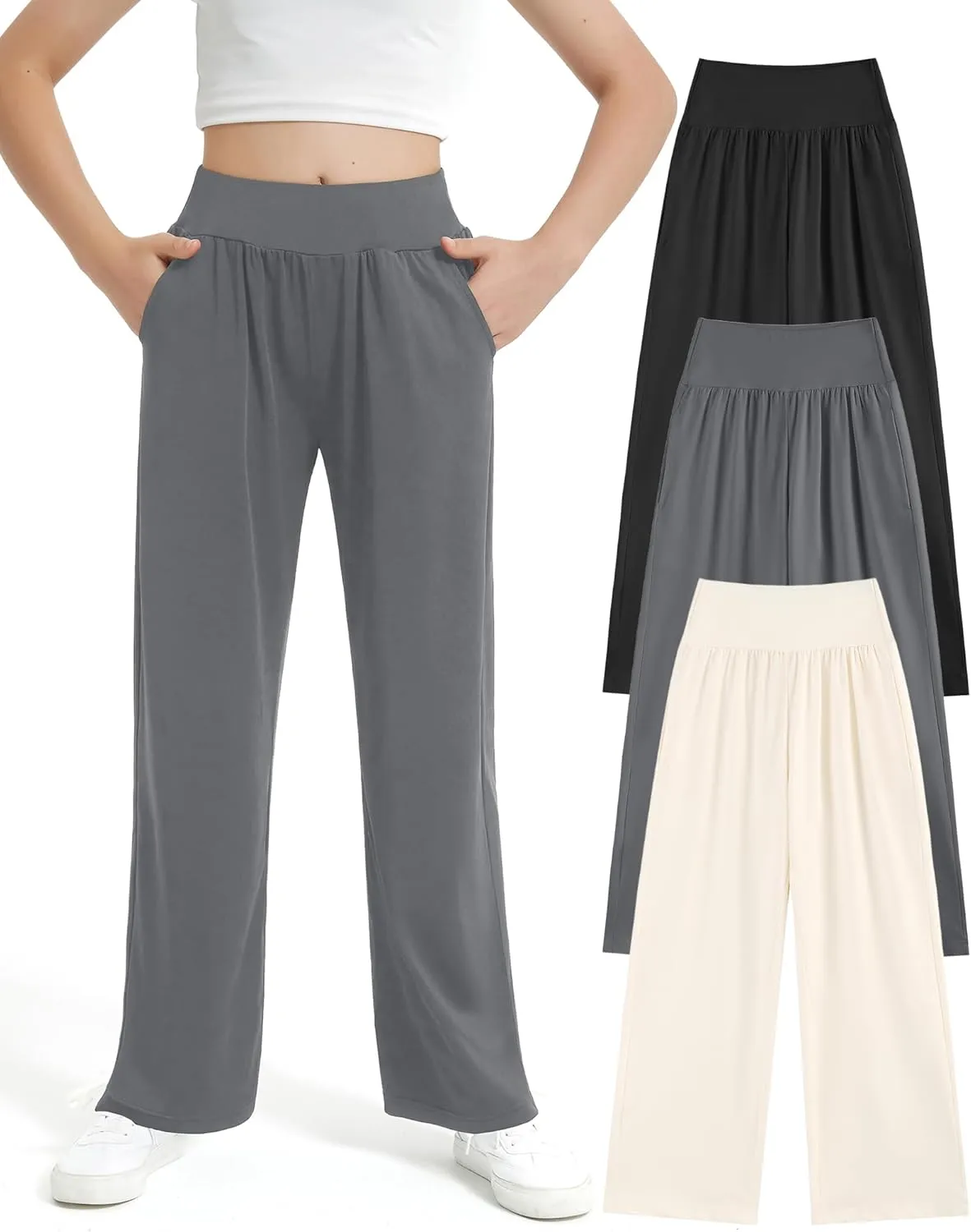 EXARUS 3 Pack Girls Lightweight Baggy Pants Straight/Tapered Wide Leg Pants Elastic Waist Flowy Pants with Pockets 6-14Y