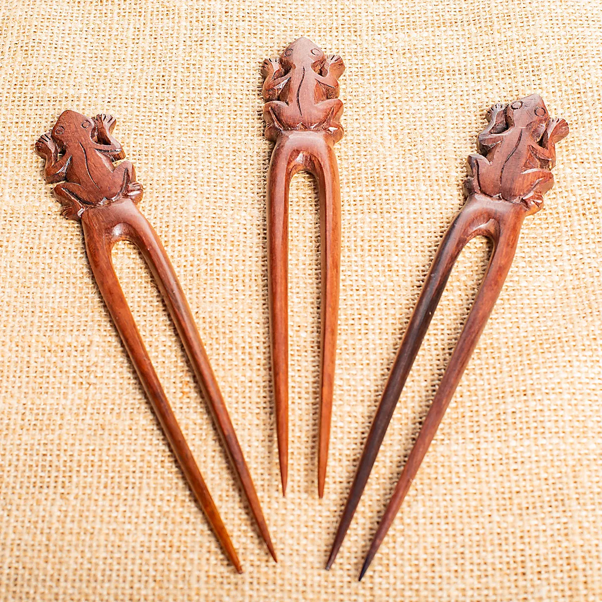 Frog Wooden Double Prong Hair Stick