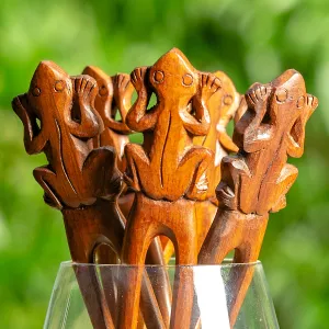 Frog Wooden Double Prong Hair Stick