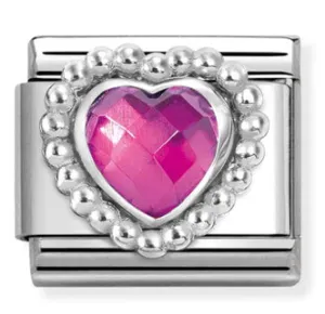 Gemstone - Fuchsia Pink Faceted CZ Heart with Dots Beaded Setting Silver Charm