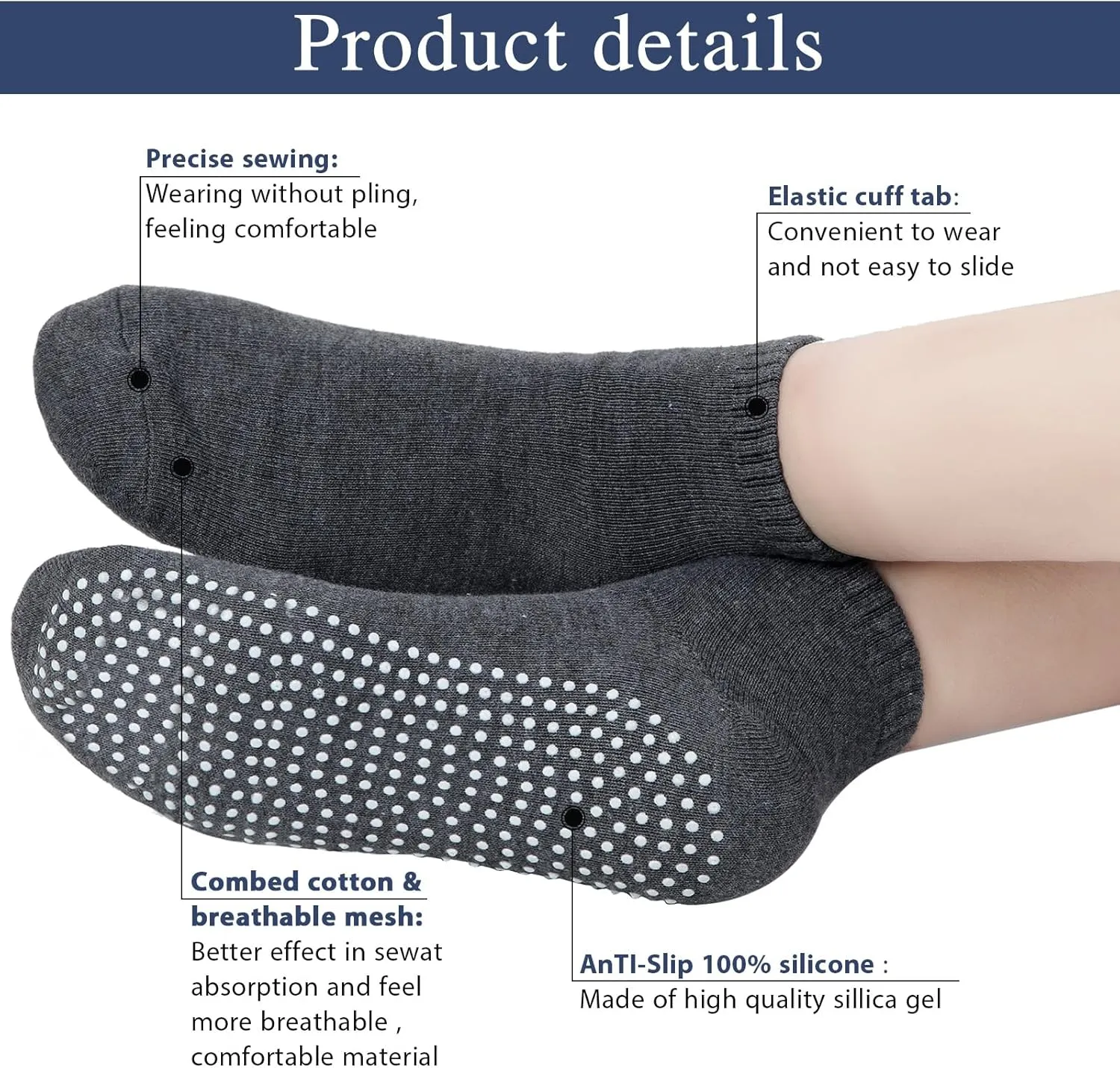 Geyoga 5 Pairs Men Non Slip Socks Women Anti Skid Slipper Barre Socks with Cushion Unisex for Yoga Pilates Barre Home Workout