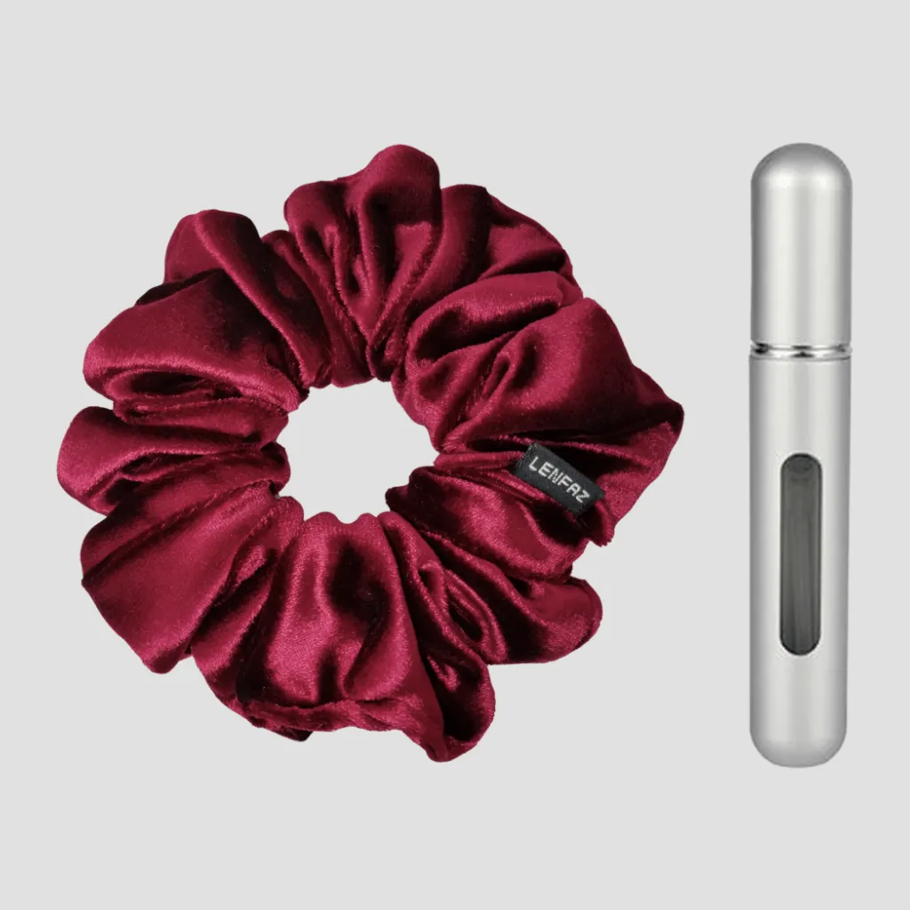 Intense Burgundy Velvet Scrunchie - Steel Silver Mini Perfume Spray Btl.