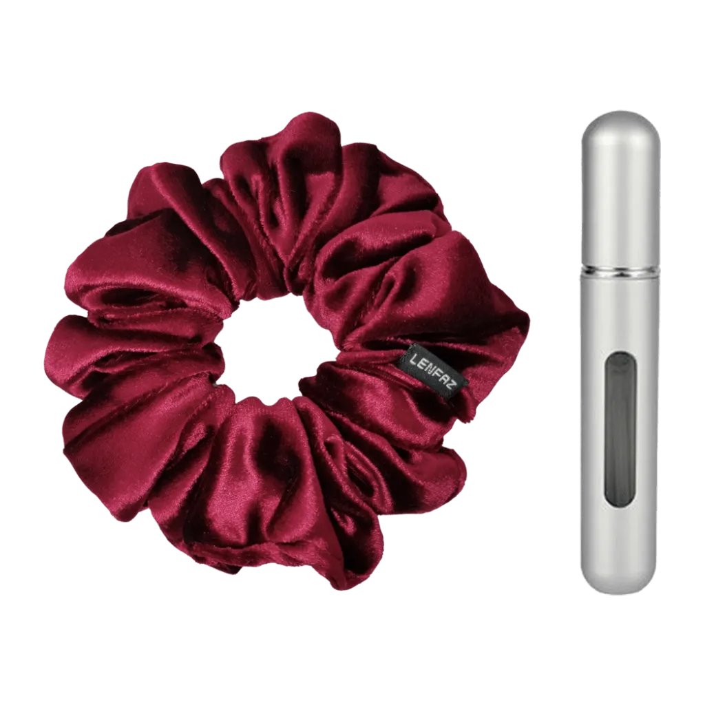 Intense Burgundy Velvet Scrunchie - Steel Silver Mini Perfume Spray Btl.