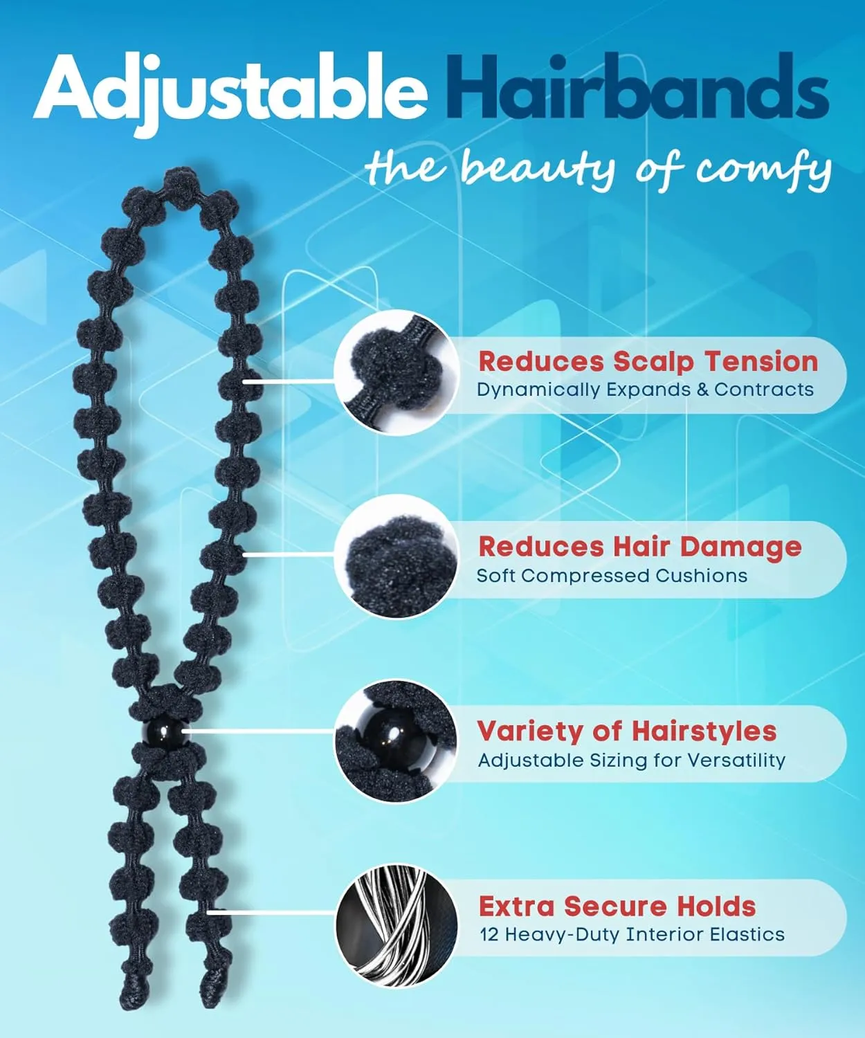 Large Hair Band for Thick, Curly, Natural Hair - Cushioned No Damage Hair Ties Ideal For Braids, Pineapple Hair - Afro Puff Ponytail Holder - Adjustable, Extra Stretchy (Black 2Pk)