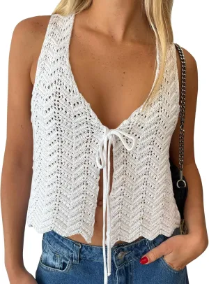 LILLUSORY Crochet Tops for Women Summer Vacation Outfits Beach Coverup Going Out Tie Front Spring Sweater Vest 2025 Fashion