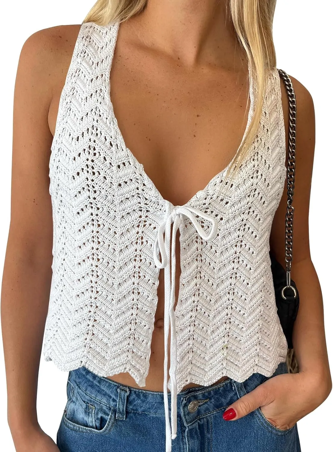 LILLUSORY Crochet Tops for Women Summer Vacation Outfits Beach Coverup Going Out Tie Front Spring Sweater Vest 2025 Fashion