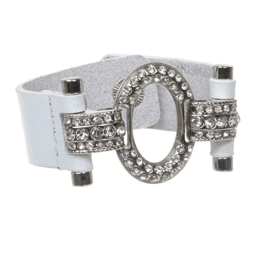 Linked Oval Rhinestone Leather Cuff Bracelet