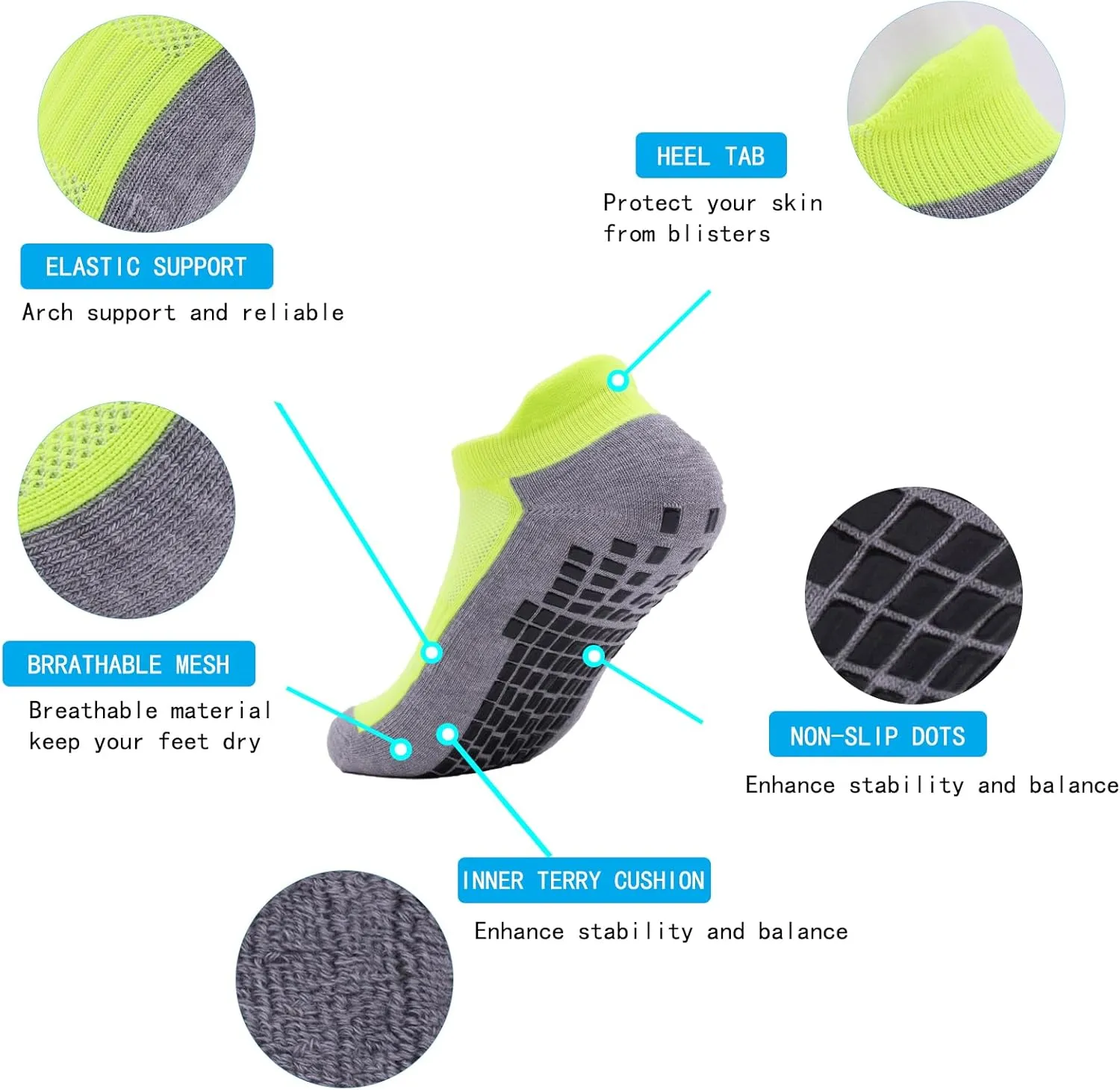 Mens Non Slip Socks with Grips Yoga Pilates Anti Skid Athletic Ankle Gym Home Thick Cushioned Socks 4 Pairs