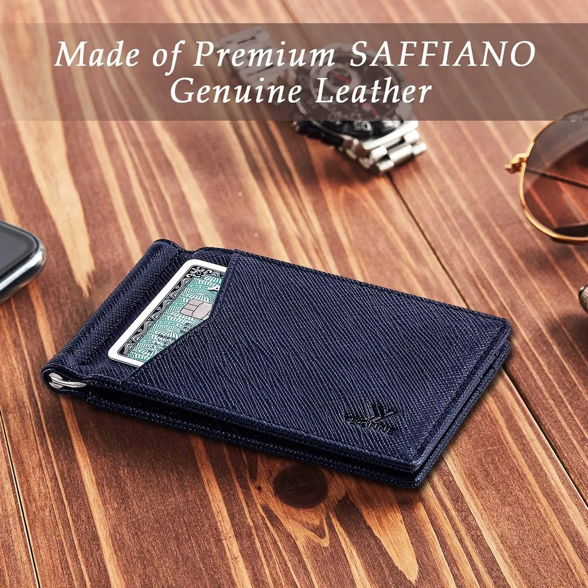 Mens Slim Wallet with Money Clip Front Pocket RFID Blocking Thin Bifold Leather Card Holder Minimalist Mini Billfold