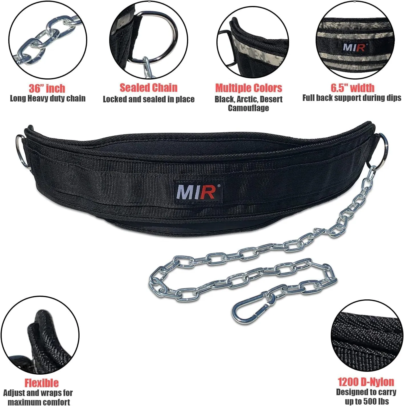 Mir Dip belt With 36" - 38" chain, 500lbs - 650lbs weight capacity, Weight lifting for dips and pullups