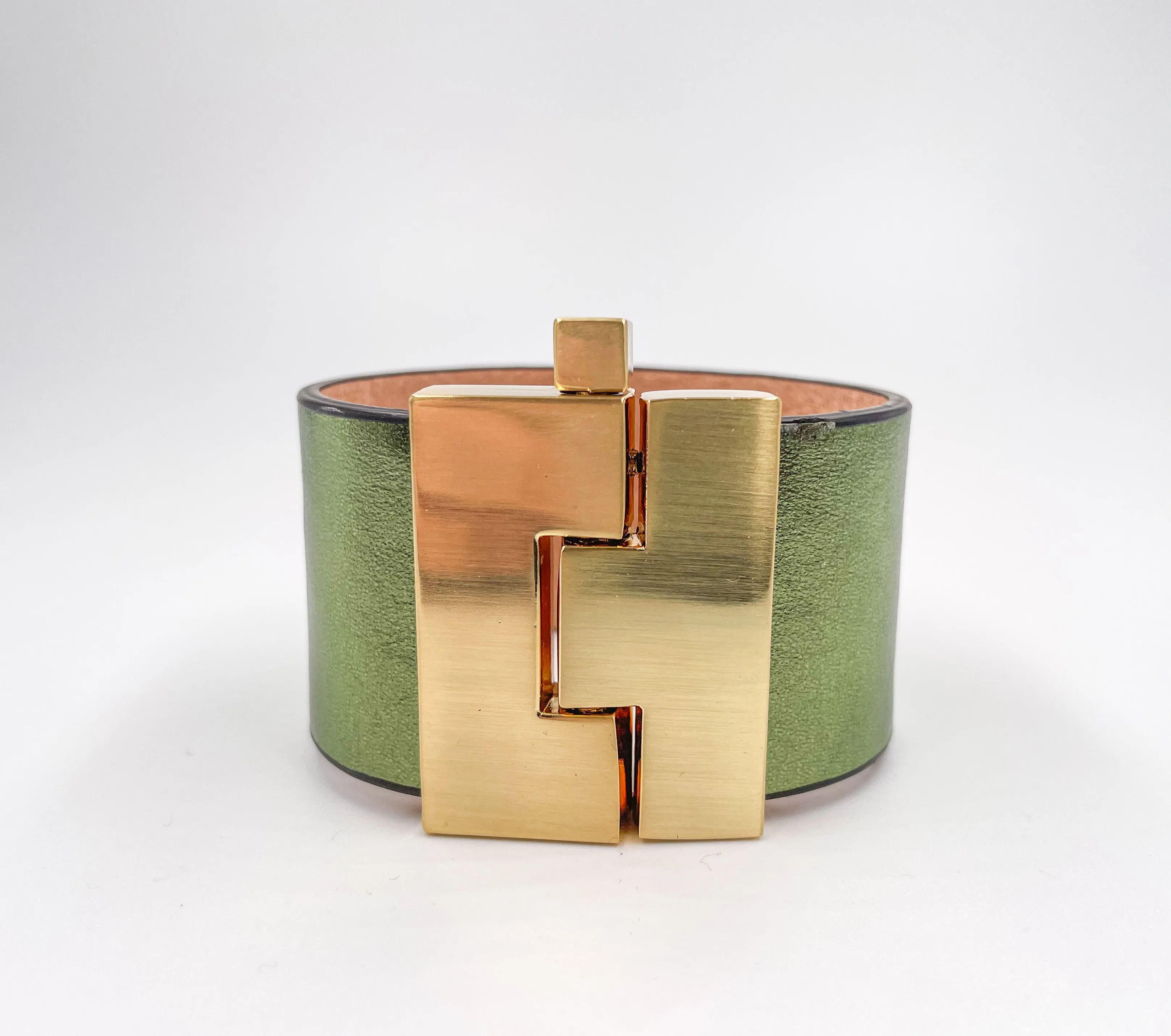NEW Bright Metallic Celery Smooth Leather Wide Jigsaw Cuff