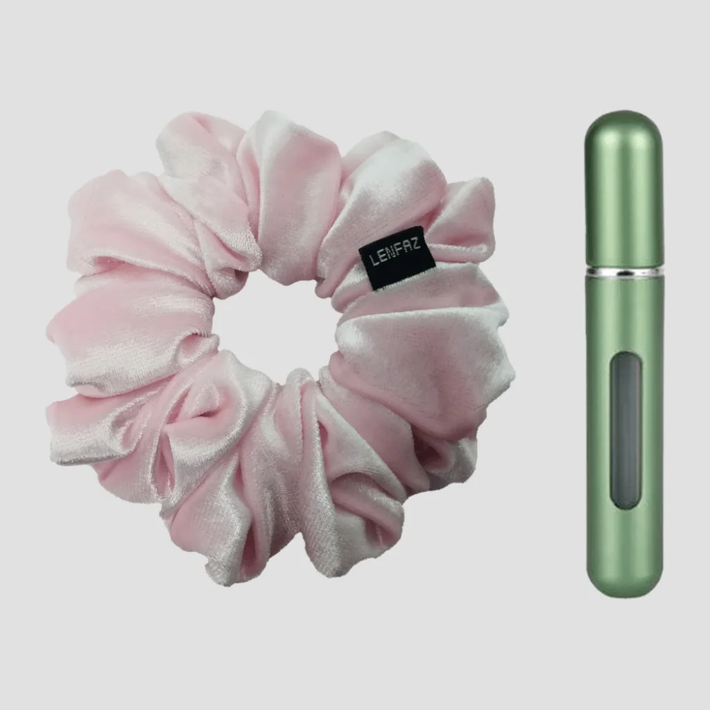 Petal Pink Velvet Scrunchie - Sage Green Mini Perfume Spray Bottle