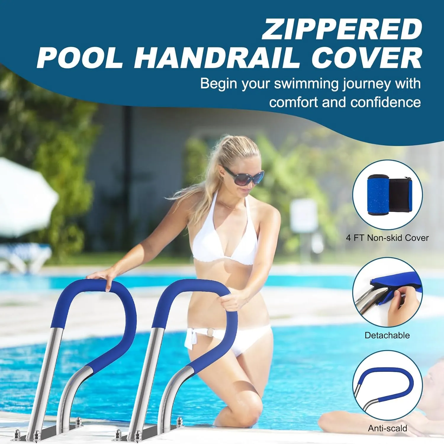 Pool Handrail, 30" x 22" Pool Railings for Inground Pools, 304 Stainless Steel Pool Handrails with Blue Nylon Grip Cover & Inflatable Float Hammock, Quick Mount Accessory Included