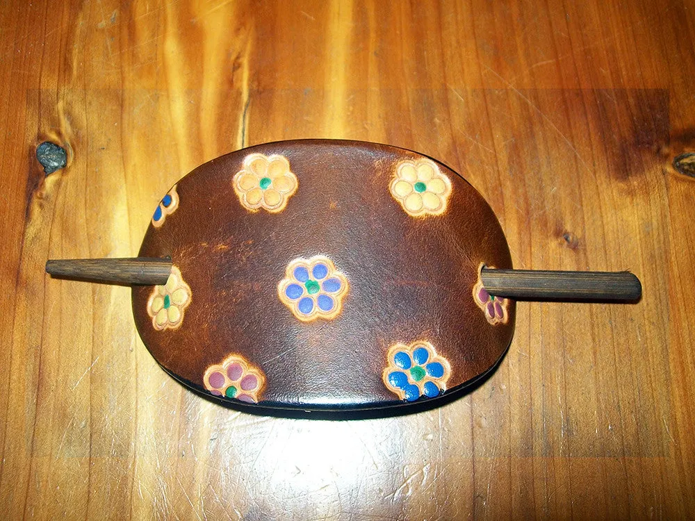 Retro Leather Hair Slide with Wooden Stick