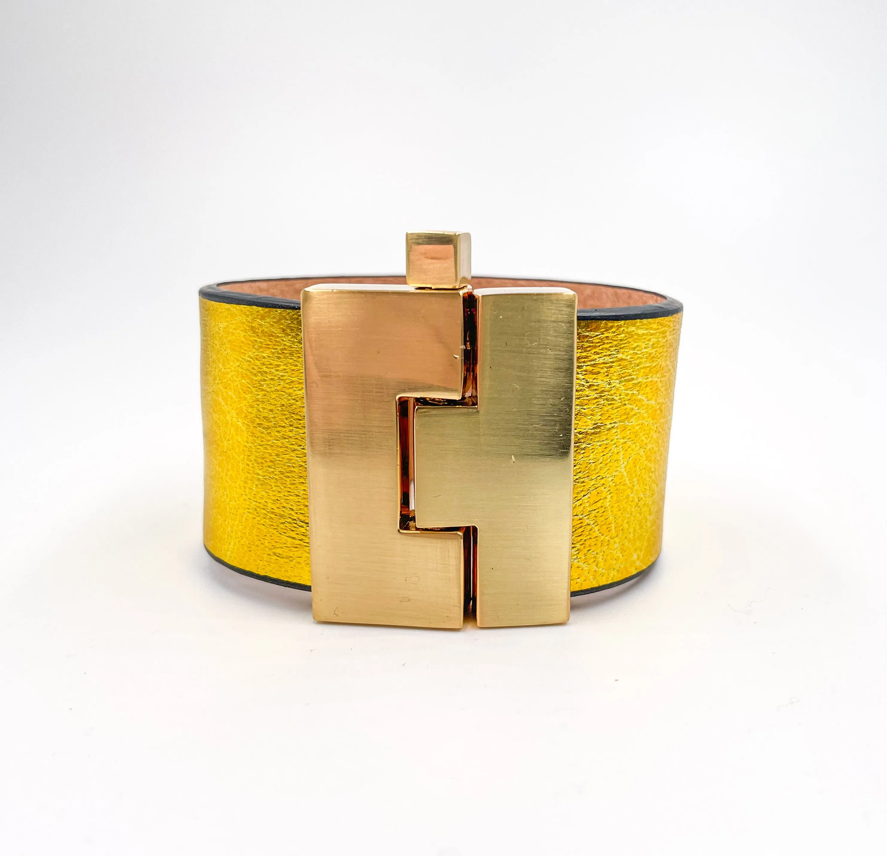 SALE Bright Metallic Yellow Smooth Leather Wide Jigsaw Cuff