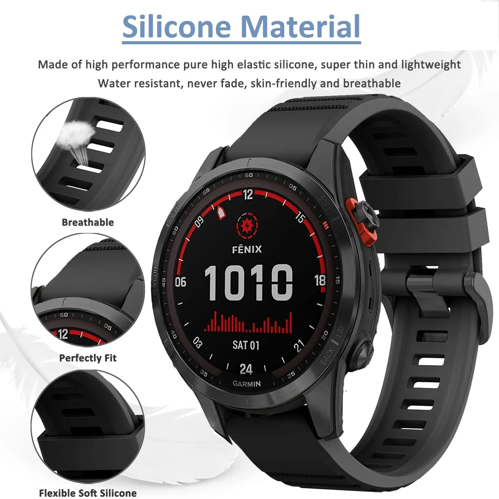 Silicone Bands For Garmin Fenix 7X | Fenix 6X | Fenix 5X | Fenix 5P | 5 Plus | Fenix 6X Pro | Fenix 3 - Black