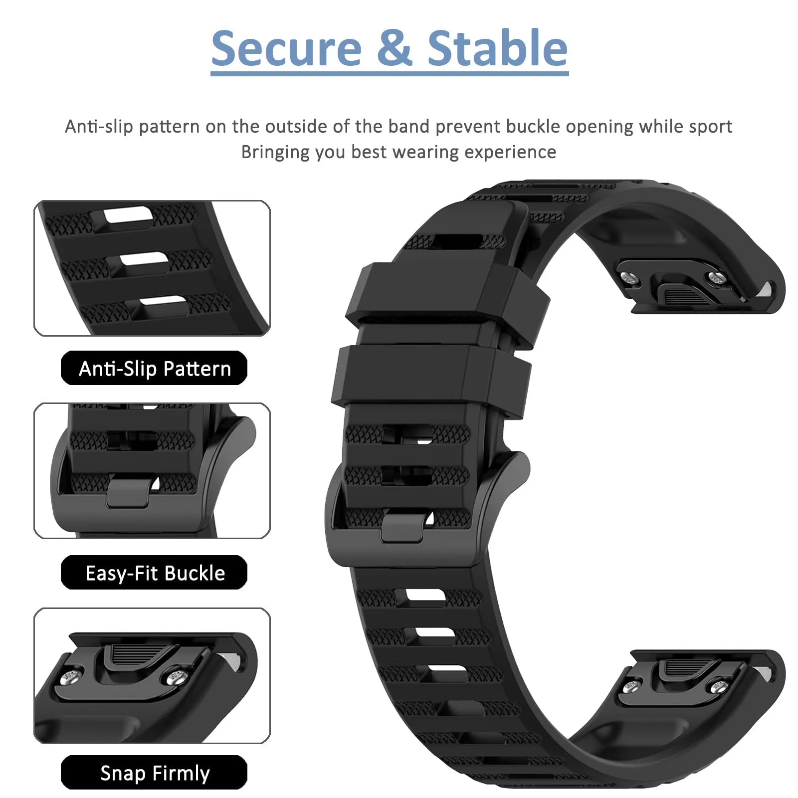 Silicone Bands For Garmin Fenix 7X | Fenix 6X | Fenix 5X | Fenix 5P | 5 Plus | Fenix 6X Pro | Fenix 3 - Black