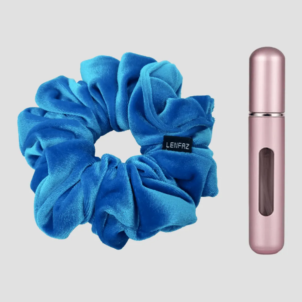Sky Blue Velvet Scrunchie - Light Pink Mini Perfume Spray Bottle