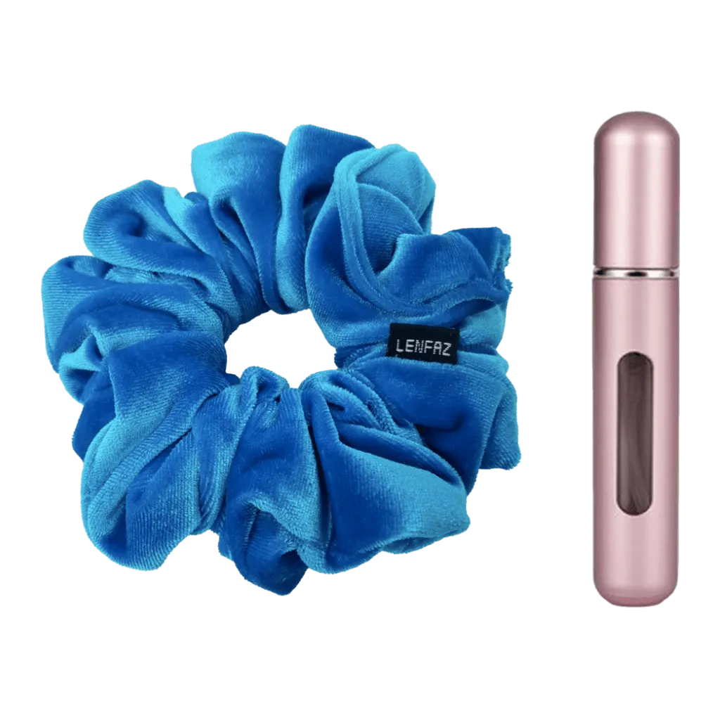 Sky Blue Velvet Scrunchie - Light Pink Mini Perfume Spray Bottle