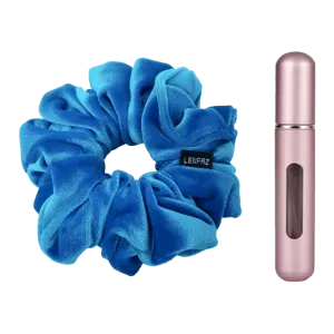 Sky Blue Velvet Scrunchie - Light Pink Mini Perfume Spray Bottle