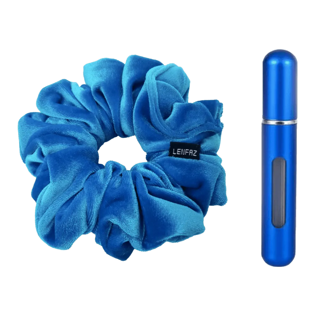 Sky Blue Velvet Scrunchie - Royal Blue Mini Perfume Spray Bottle